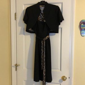 Black Leopard Lined MIDI Dress with Short Sleeve Jacket